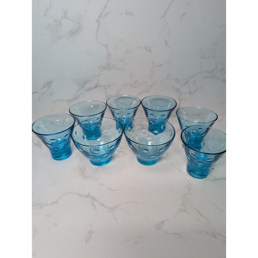 Hazel Atlas Capri Dot Aqua Blue Glass 6 Cordial Glasses & 2 Sherbet Cups Set